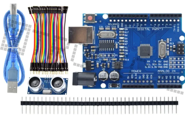 Стартов комплект за Arduino Uno R3 с HC-SR04 сензор за разстояние и dupont кабели