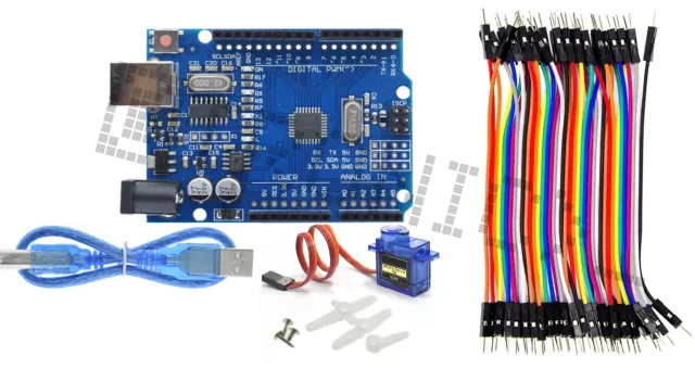 Starterkit til Arduino Uno R3 med SG90 micro servo & 40-delt Dupont kabelsæt