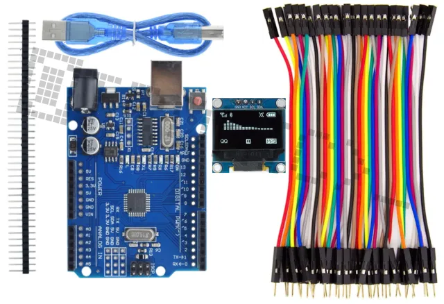 Стартов комплект за Arduino Uno R3 с 0.96 inch OLED Display & 40-частен Dupont кабелен комплект